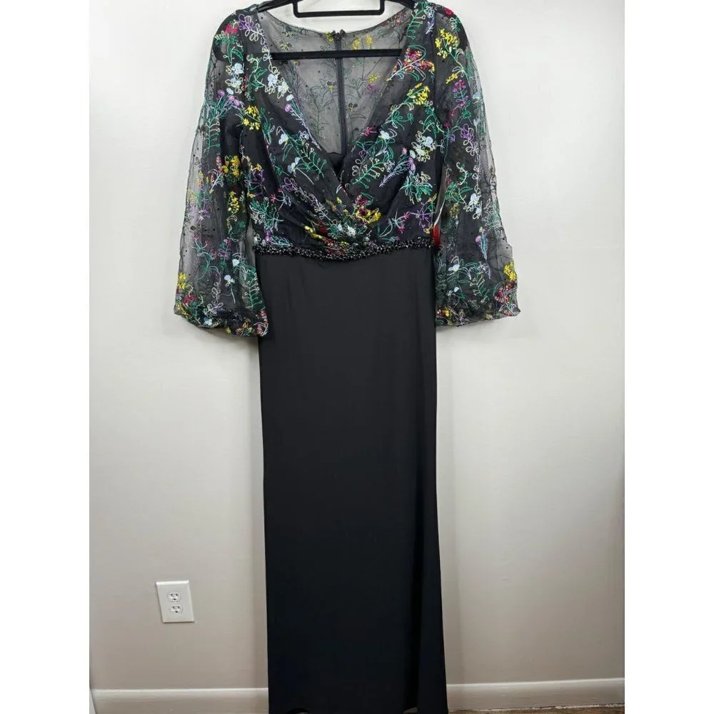 Mac Duggal 79379 Puffed Sleeve Maxi Dress Gown Illusion Embroidered Size 8 NWT - Picture 4 of 7